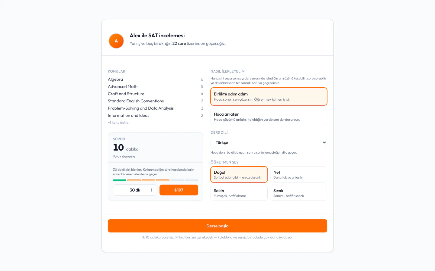 AI Tutor başlangıç ekranı: incelenecek soru sayısı ve konular, kalan süre, ders biçimi, ders dili ve hocanın sesi.