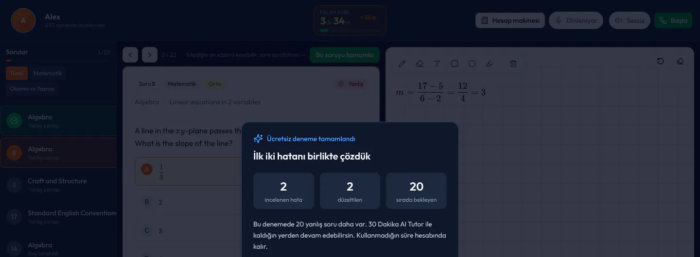 Ücretsiz deneme bitti ekranı: incelenen ve düzeltilen soru sayısı, sırada bekleyen sorular ve 30 dakikayla kaldığın yerden devam etme notu.