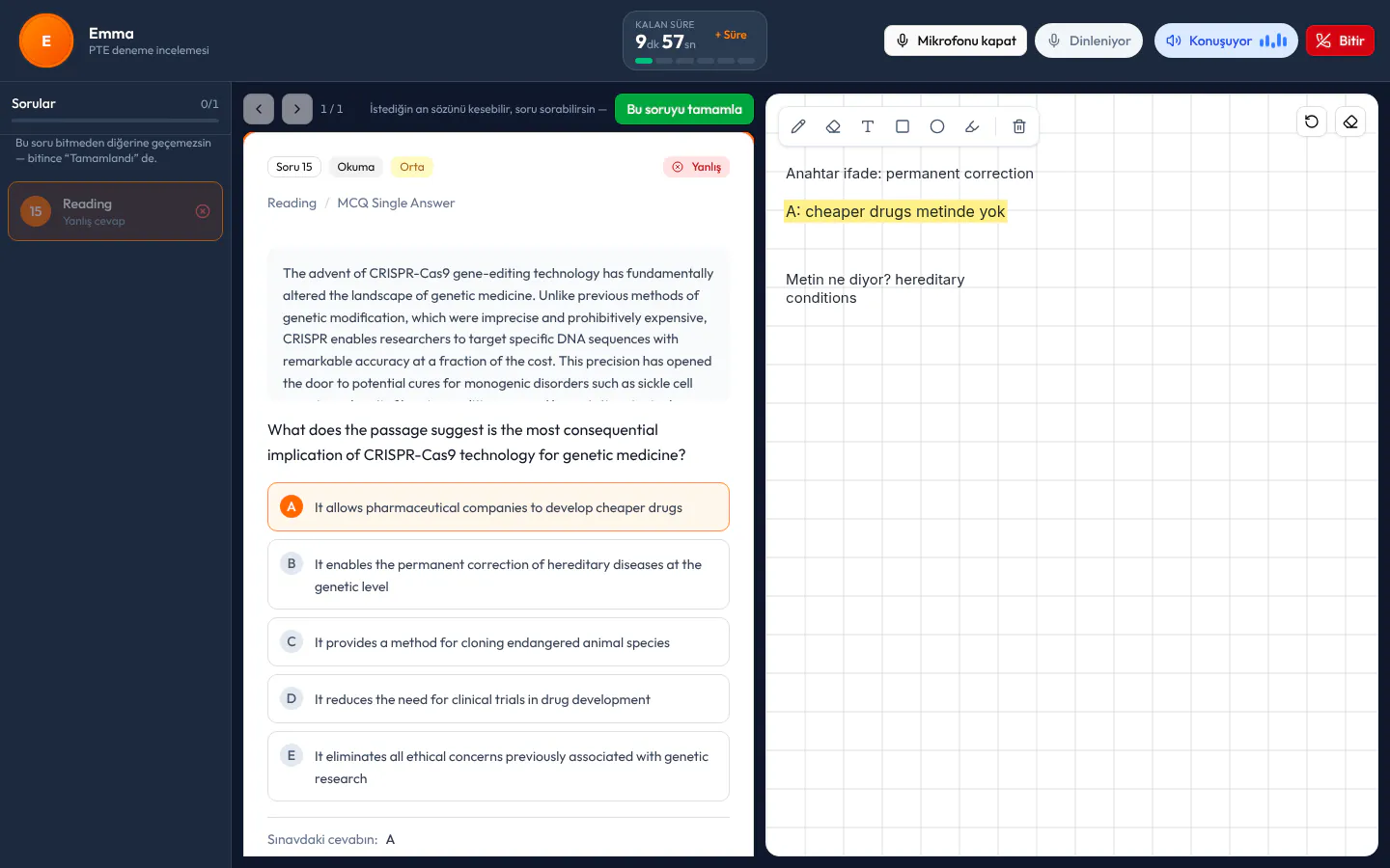 AI Tutor ders ekranı: solda yanlış ve boş bırakılan sorular, ortada bir PTE Reading çoktan seçmeli sorusu (CRISPR metni), sağda hocanın tahtaya alt alta yazdığı adımlar.